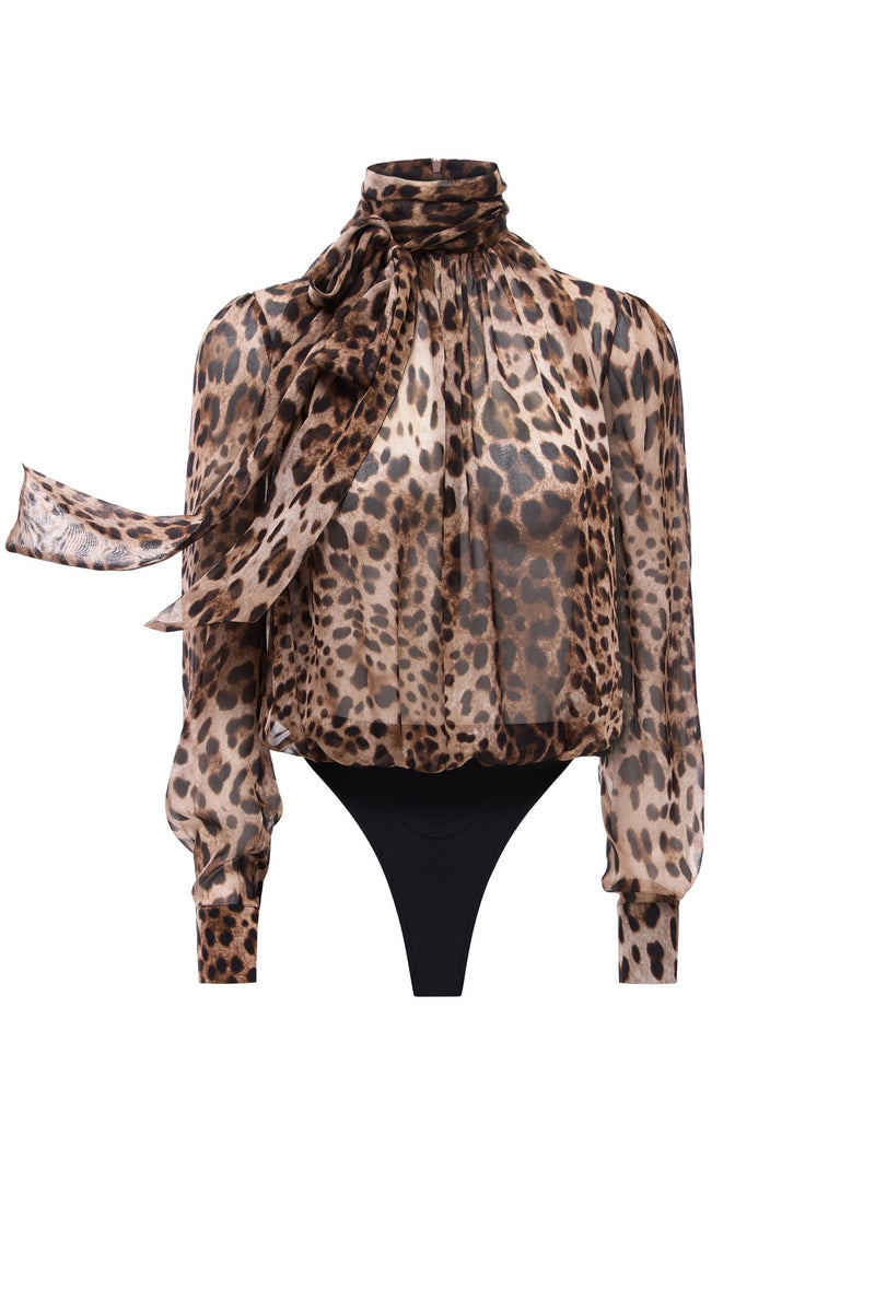 NYX LEOPARD SCARF-TIE SILK BODYSUIT