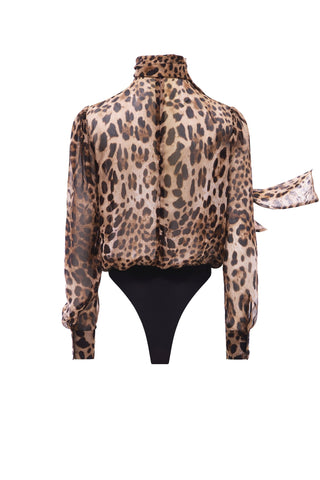 NYX LEOPARD SCARF-TIE SILK BODYSUIT - Women's Bodysuit | ANNAFOXY