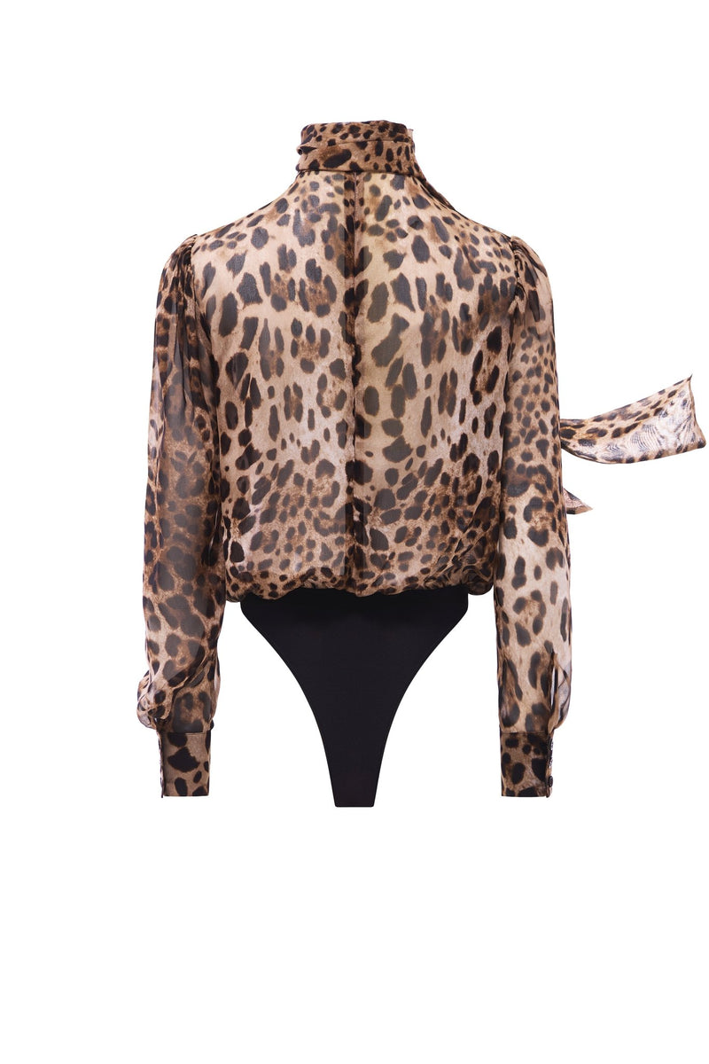 NYX LEOPARD SCARF-TIE SILK BODYSUIT