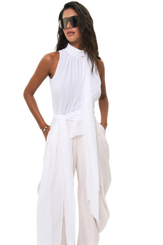 NYX BLANC SLEEVELESS SCARF-TIE SILK BLOUSE