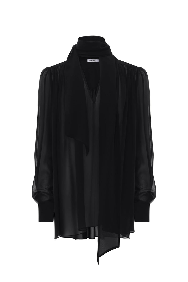 NYX NOIR SCARF-TIE SILK BLOUSE