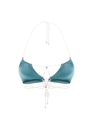 Muse teal bikini top, halter tie neckline, lace-up front, flat front | ANNAFOXY