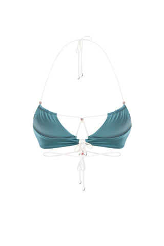 Muse teal bikini top, halter tie neckline, lace-up front, flat back | ANNAFOXY