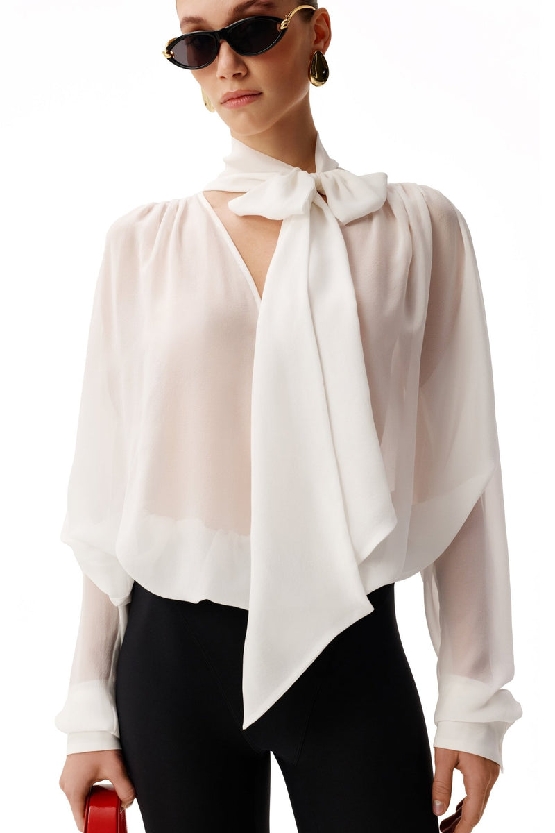 NYX BLANC SCARF-TIE SILK BLOUSE