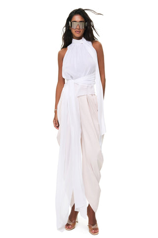 NYX BLANC SLEEVELESS SCARF-TIE SILK BLOUSE