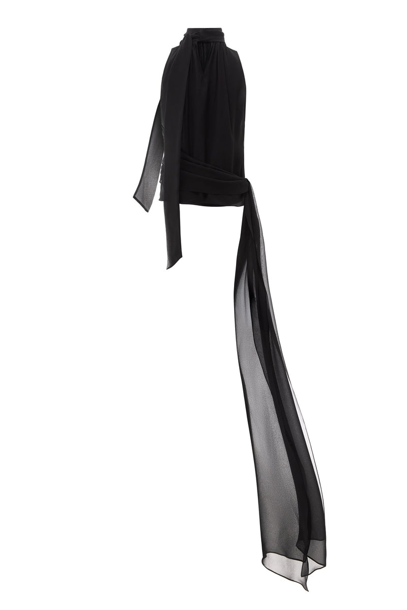 NYX NOIR SLEEVELESS SCARF-TIE SILK BLOUSE