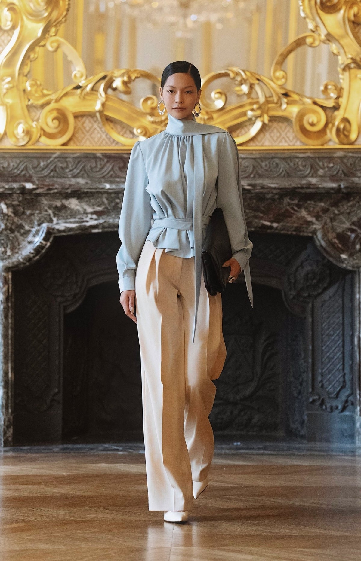 Blue blouse & sand trousers