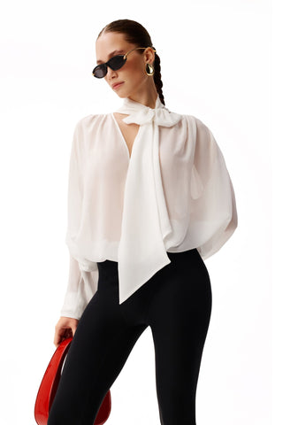 NYX BLANC SCARF-TIE SILK BLOUSE - Women's Blouse | ANNAFOXY