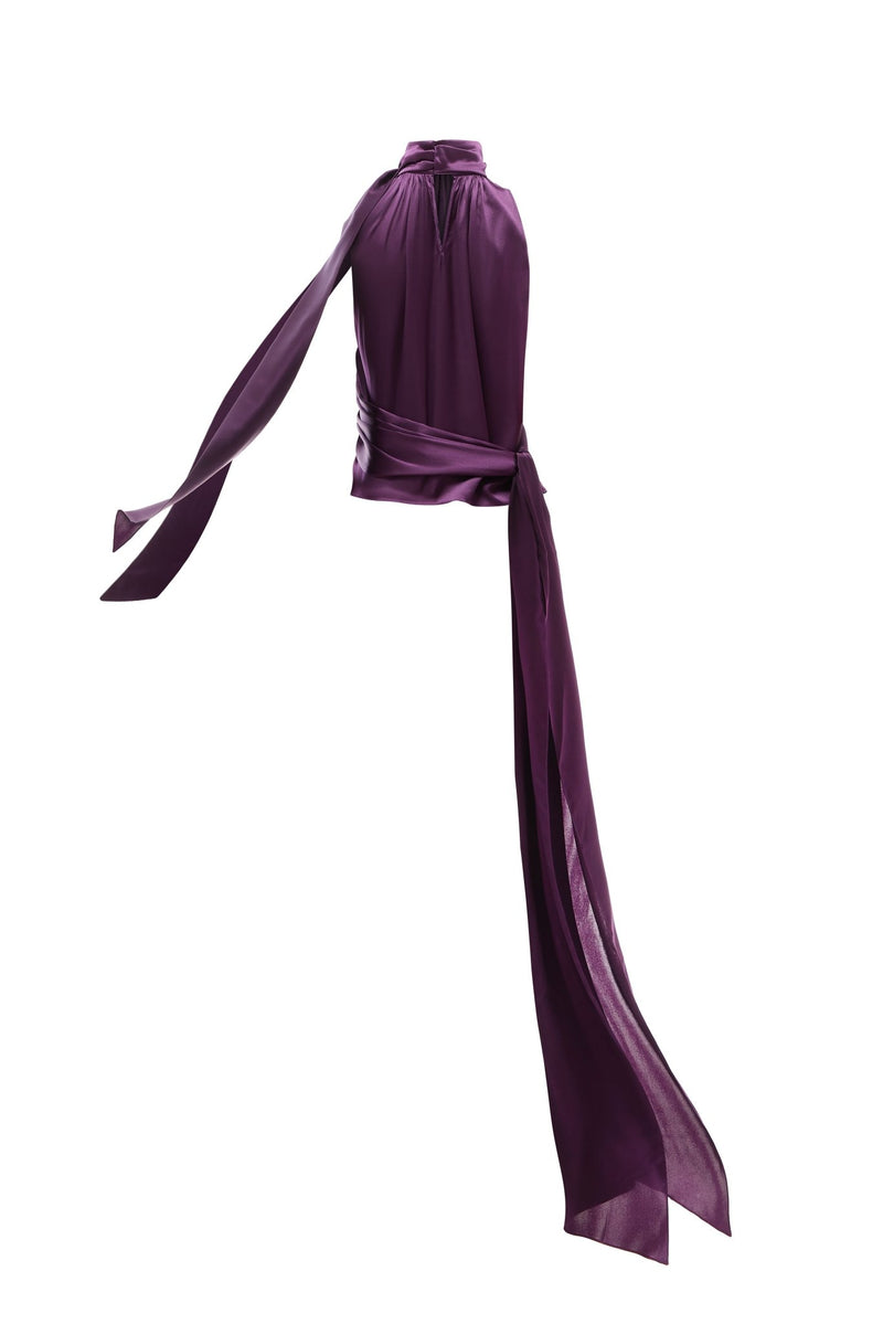 EVE PLUM SLEEVELESS SCARF-TIE SILK BLOUSE